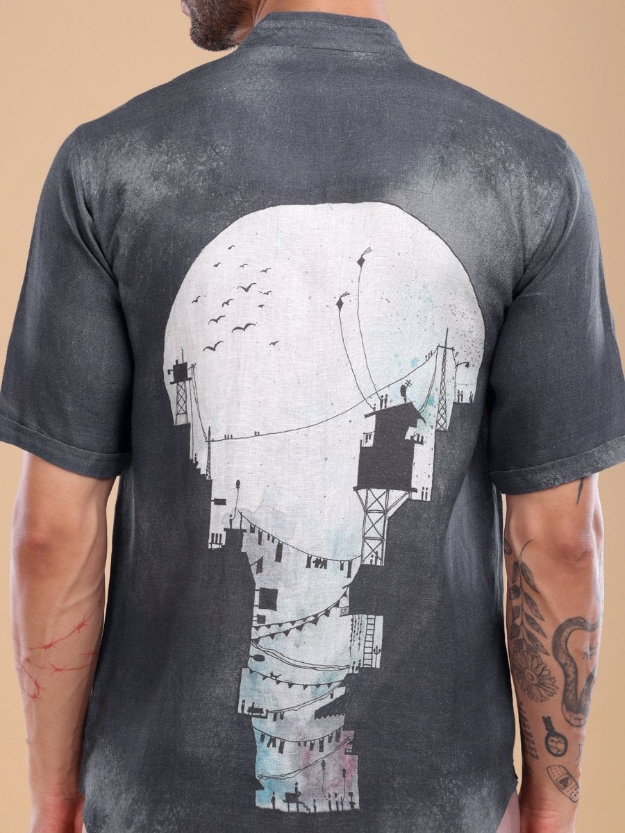 Deep Slate Black Pure Linen Artistic Shirt - CLOHI