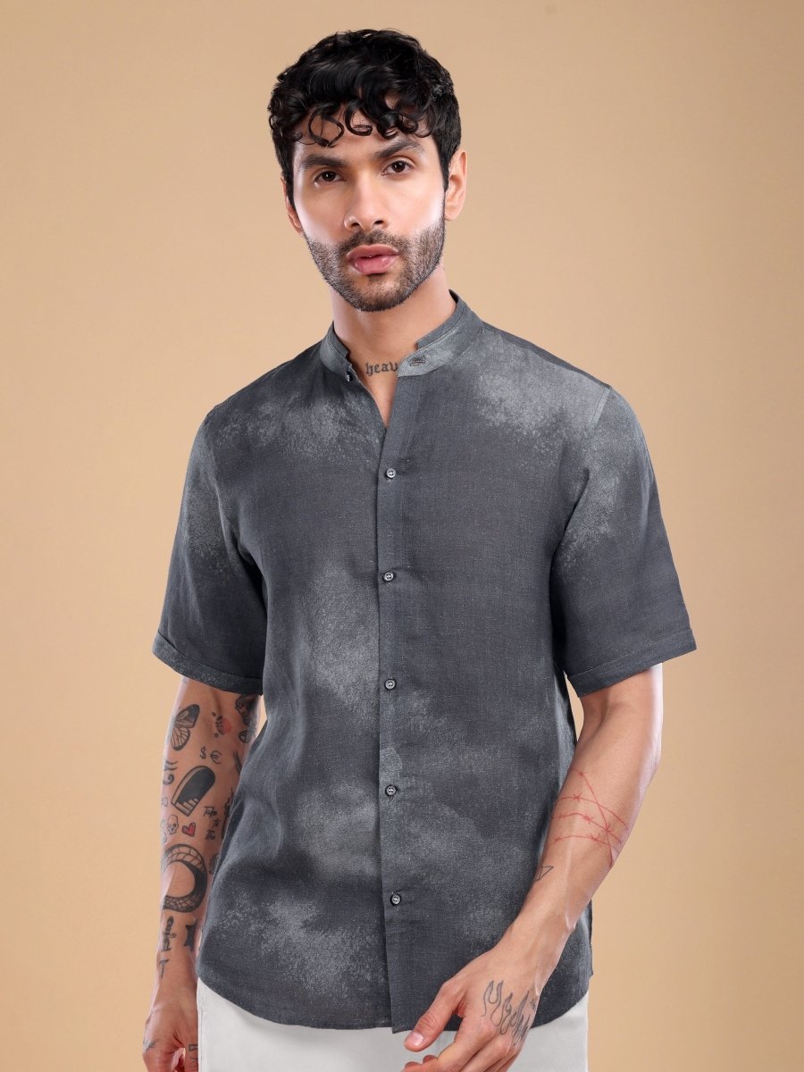 Deep Slate Black Pure Linen Artistic Shirt - CLOHI
