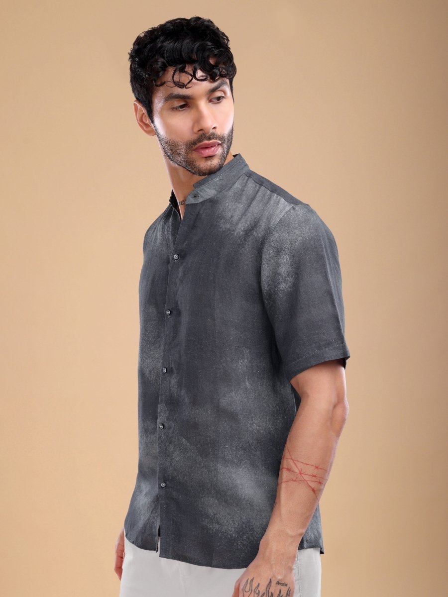 Deep Slate Black Pure Linen Artistic Shirt - CLOHI