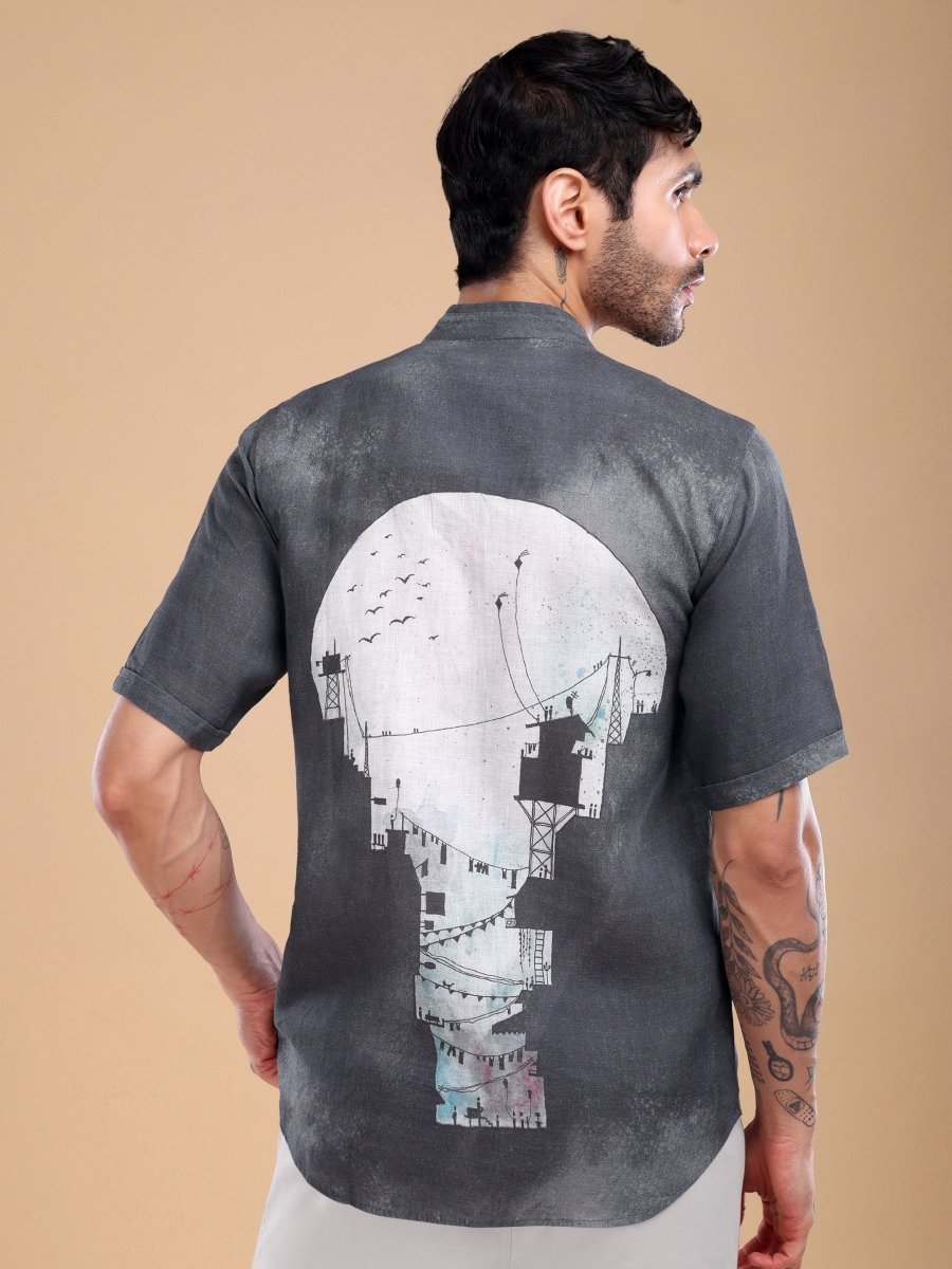 Deep Slate Black Pure Linen Artistic Shirt - CLOHI