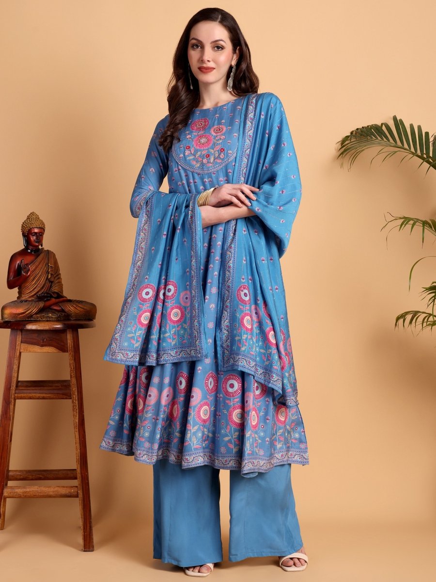 Denim Blue Anarkali Kurta Set with Hand Embroidery - CLOHI