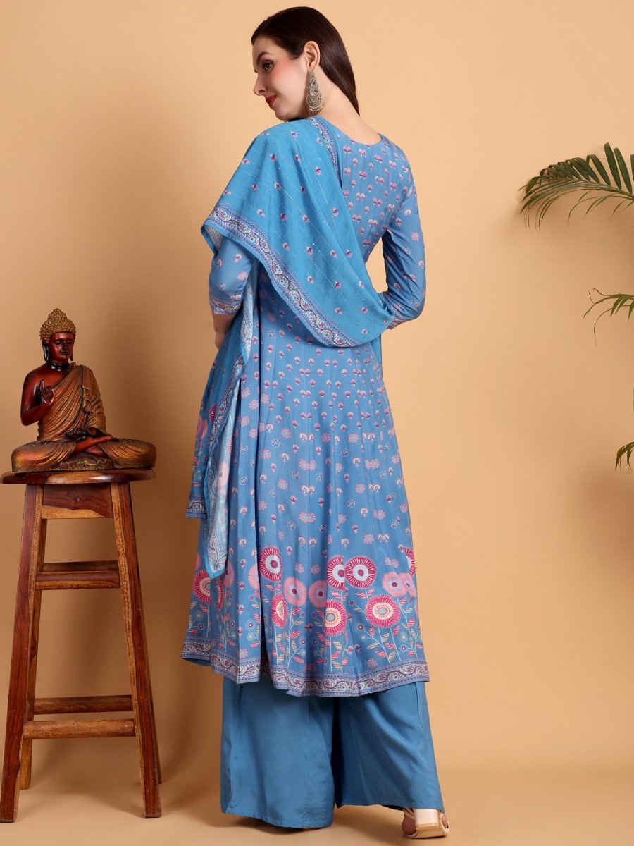 Denim Blue Anarkali Kurta Set with Hand Embroidery - CLOHI