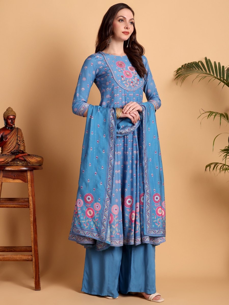 Denim Blue Anarkali Kurta Set with Hand Embroidery - CLOHI
