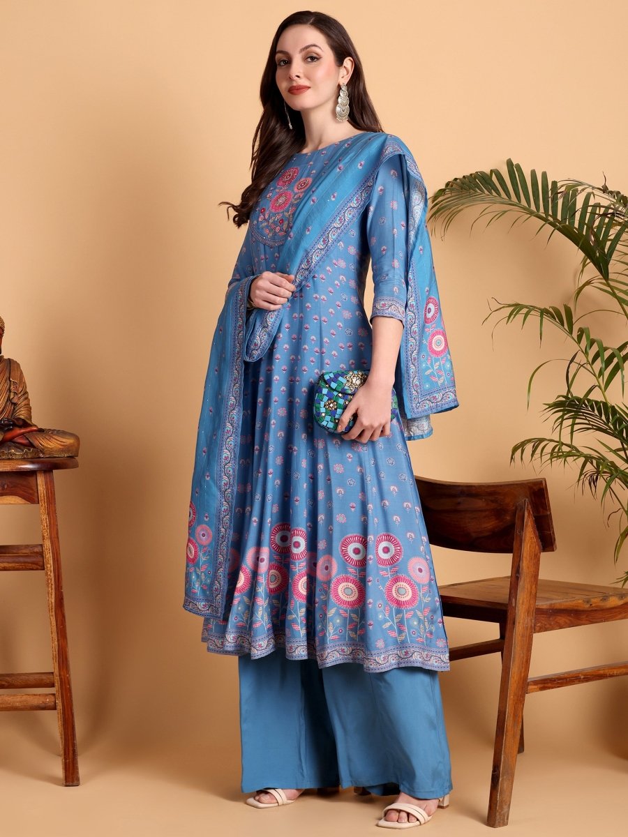 Denim Blue Anarkali Kurta Set with Hand Embroidery - CLOHI