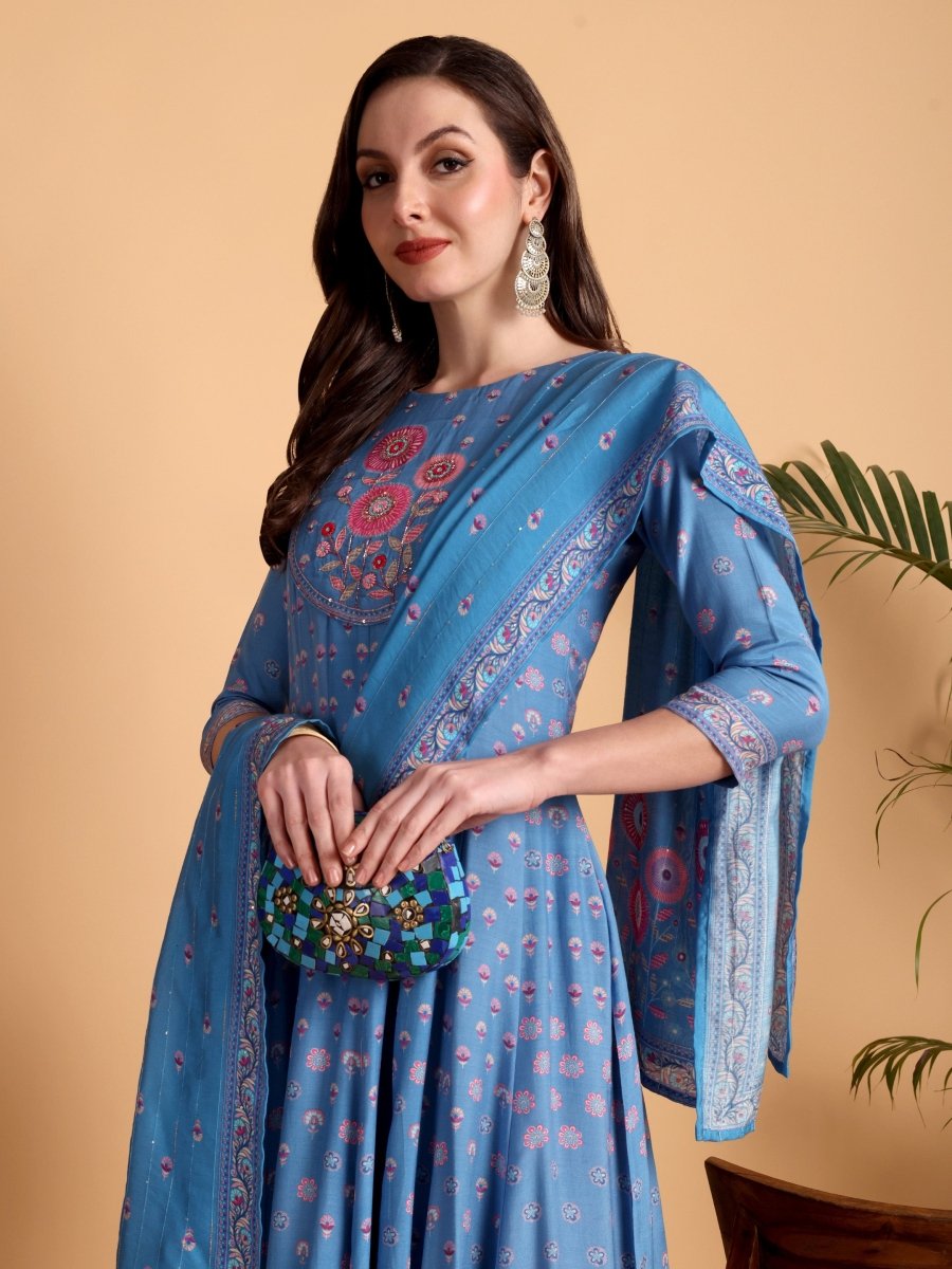 Denim Blue Anarkali Kurta Set with Hand Embroidery - CLOHI