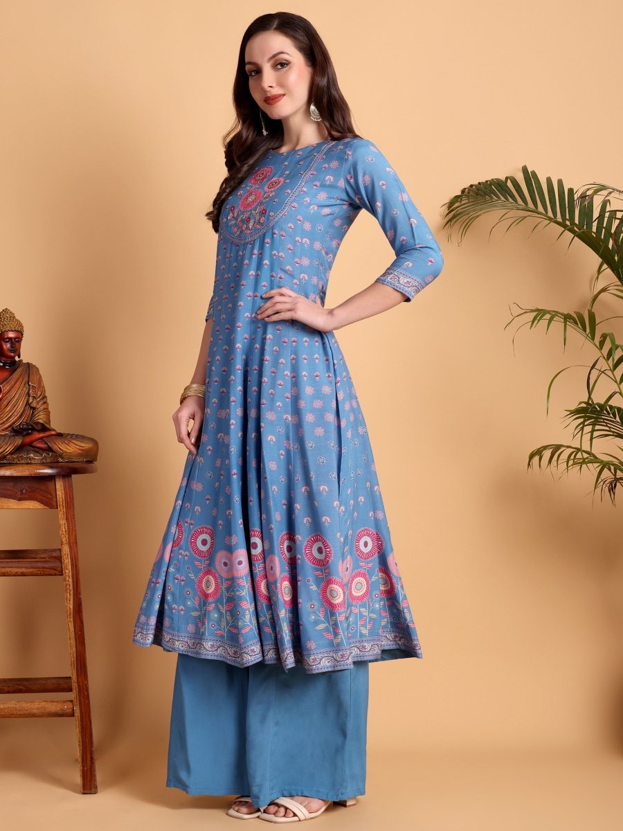Denim Blue Anarkali Kurta Set with Hand Embroidery - CLOHI