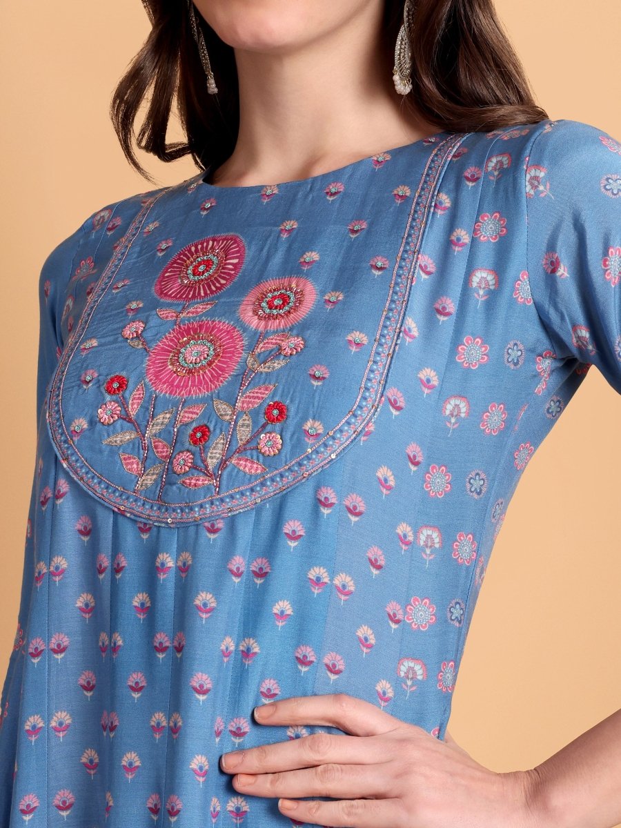 Denim Blue Anarkali Kurta Set with Hand Embroidery - CLOHI