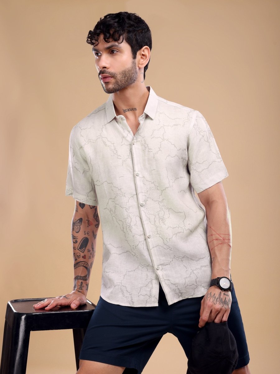 Dusty Beige Abstract Marble Print Pure Linen Shirt - CLOHI