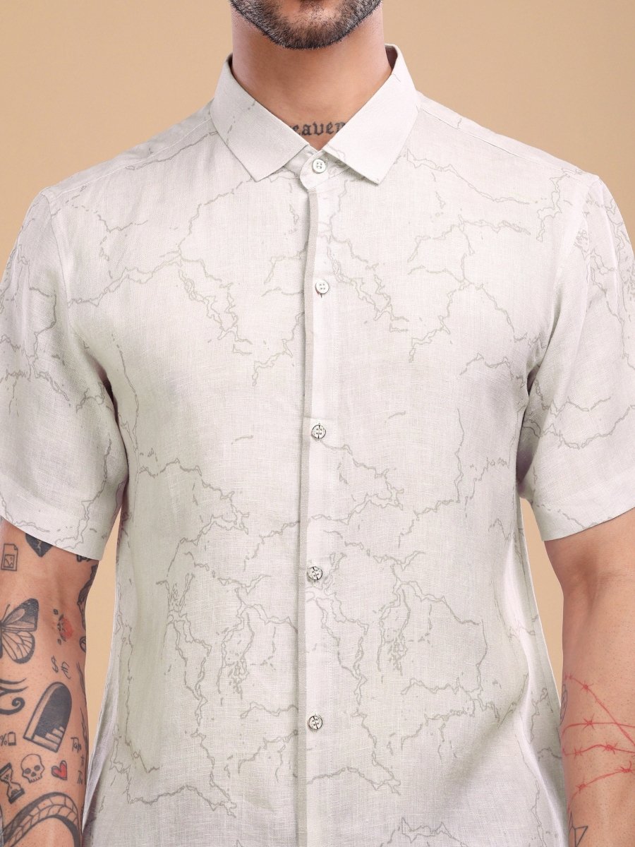 Dusty Beige Abstract Marble Print Pure Linen Shirt - CLOHI