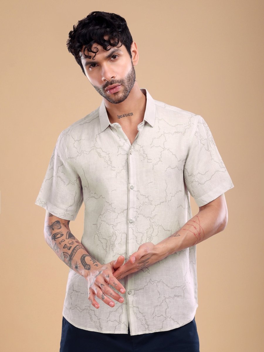 Dusty Beige Abstract Marble Print Pure Linen Shirt - CLOHI