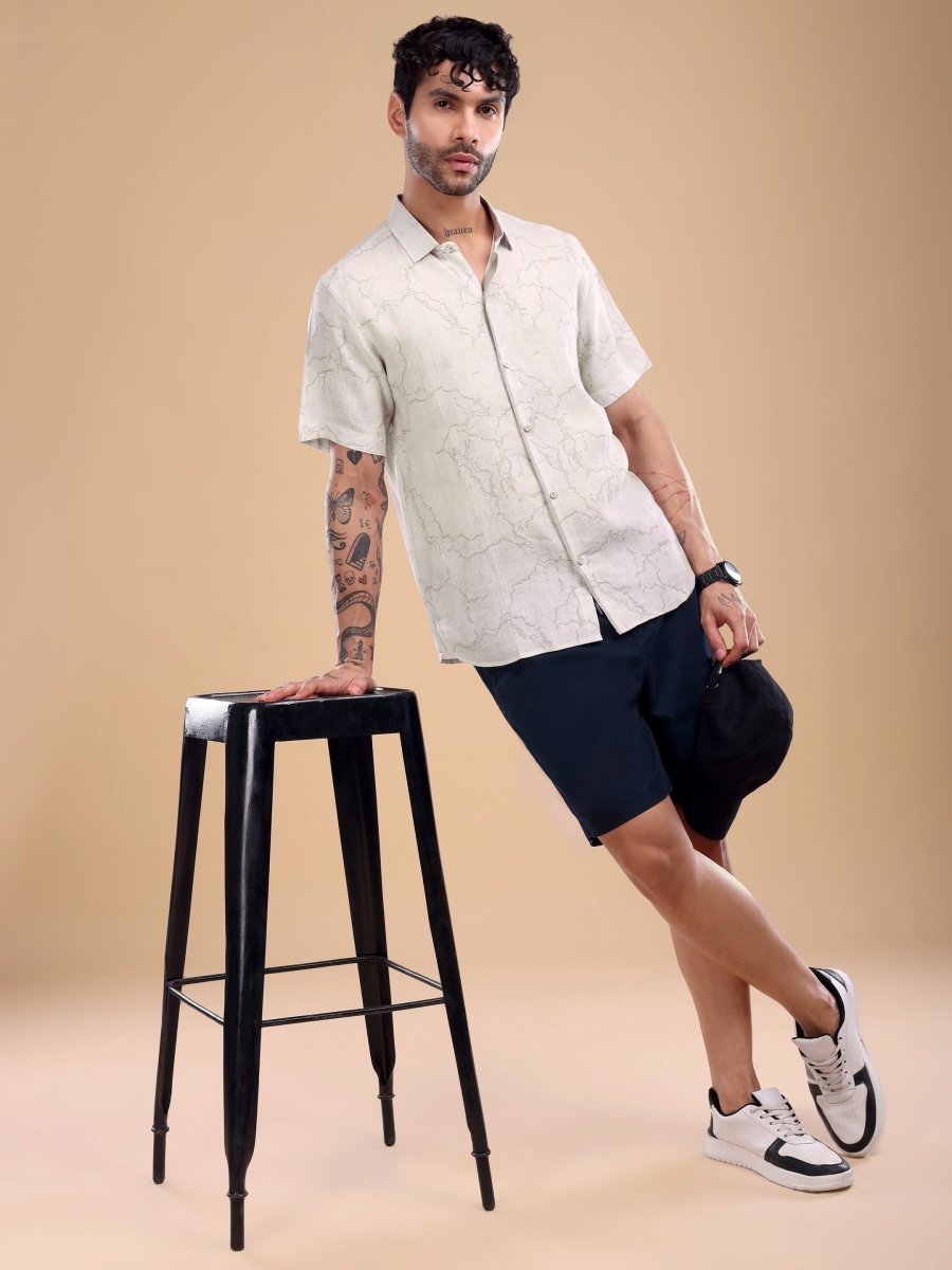 Dusty Beige Abstract Marble Print Pure Linen Shirt - CLOHI