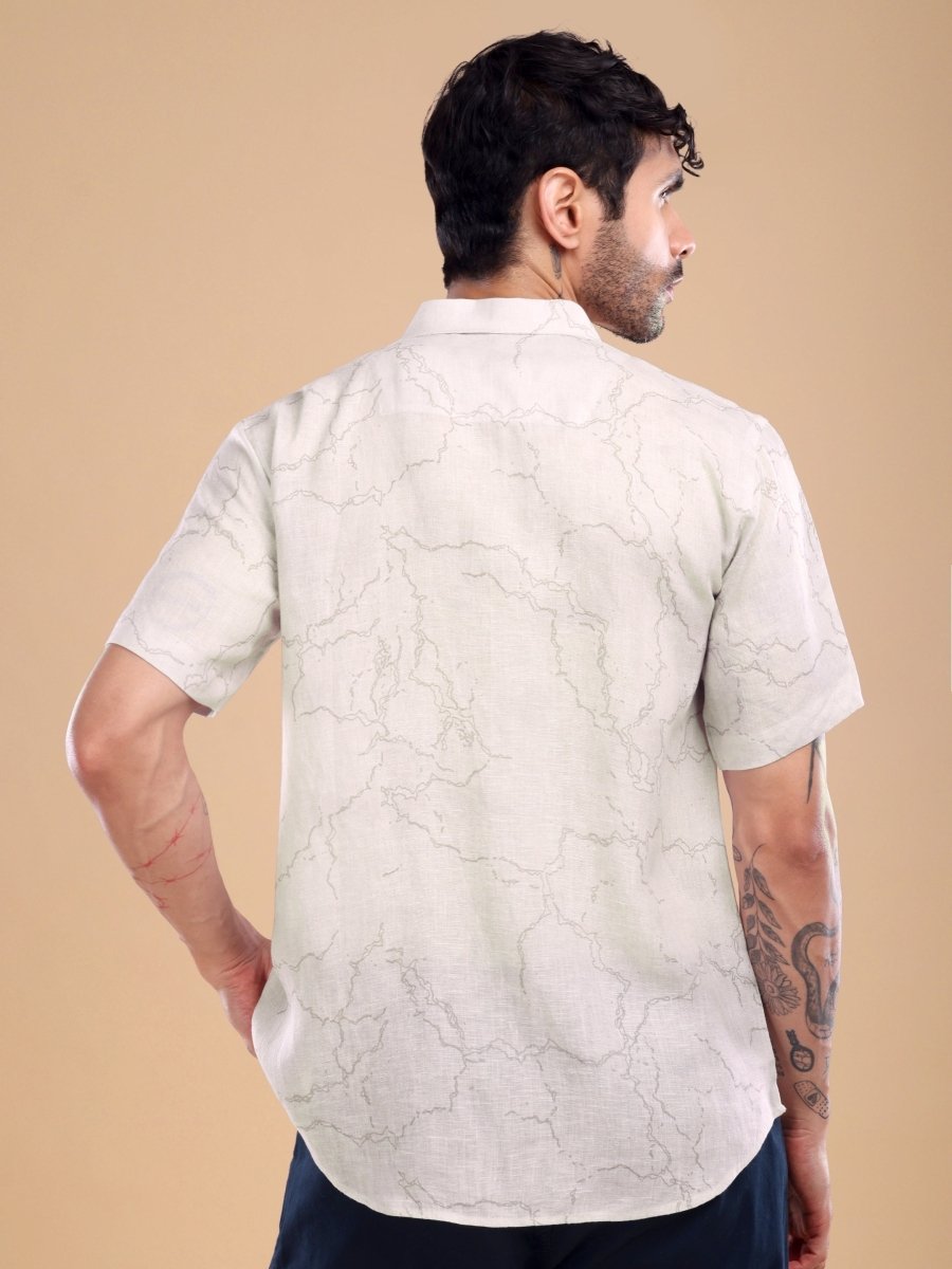 Dusty Beige Abstract Marble Print Pure Linen Shirt - CLOHI