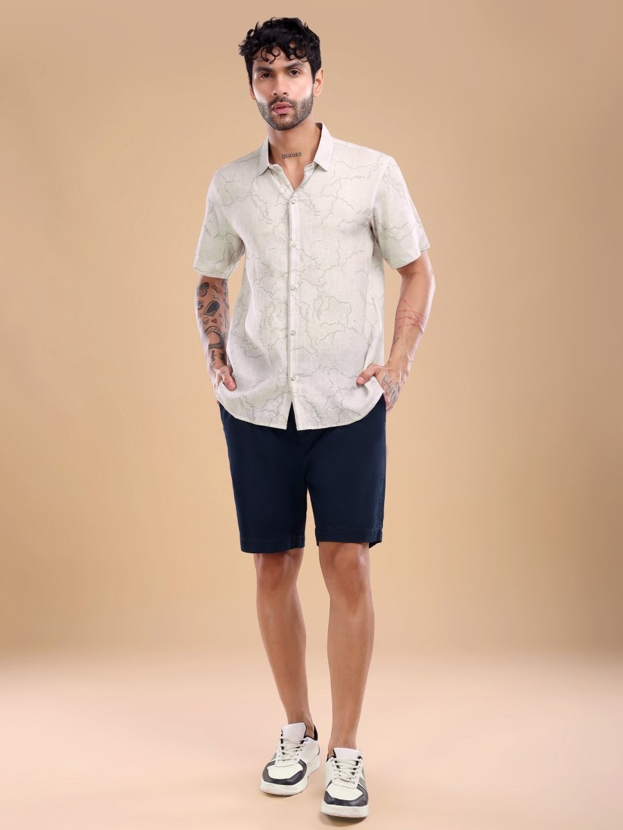 Dusty Beige Abstract Marble Print Pure Linen Shirt - CLOHI