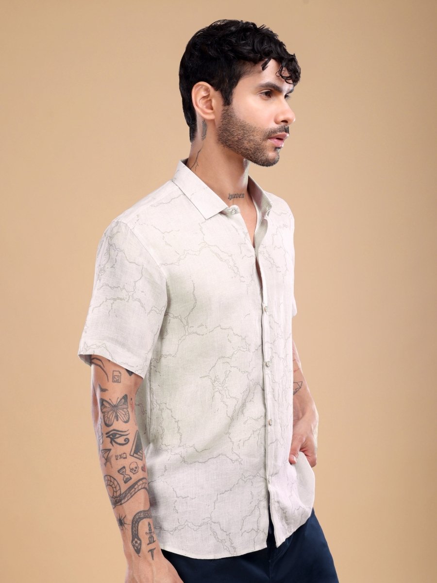 Dusty Beige Abstract Marble Print Pure Linen Shirt - CLOHI
