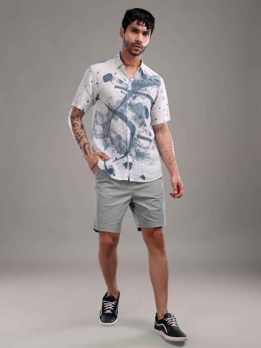 Dusty Grey Pure Linen Short Kurta Shirt with Abstract Face Art Print - CLOHI
