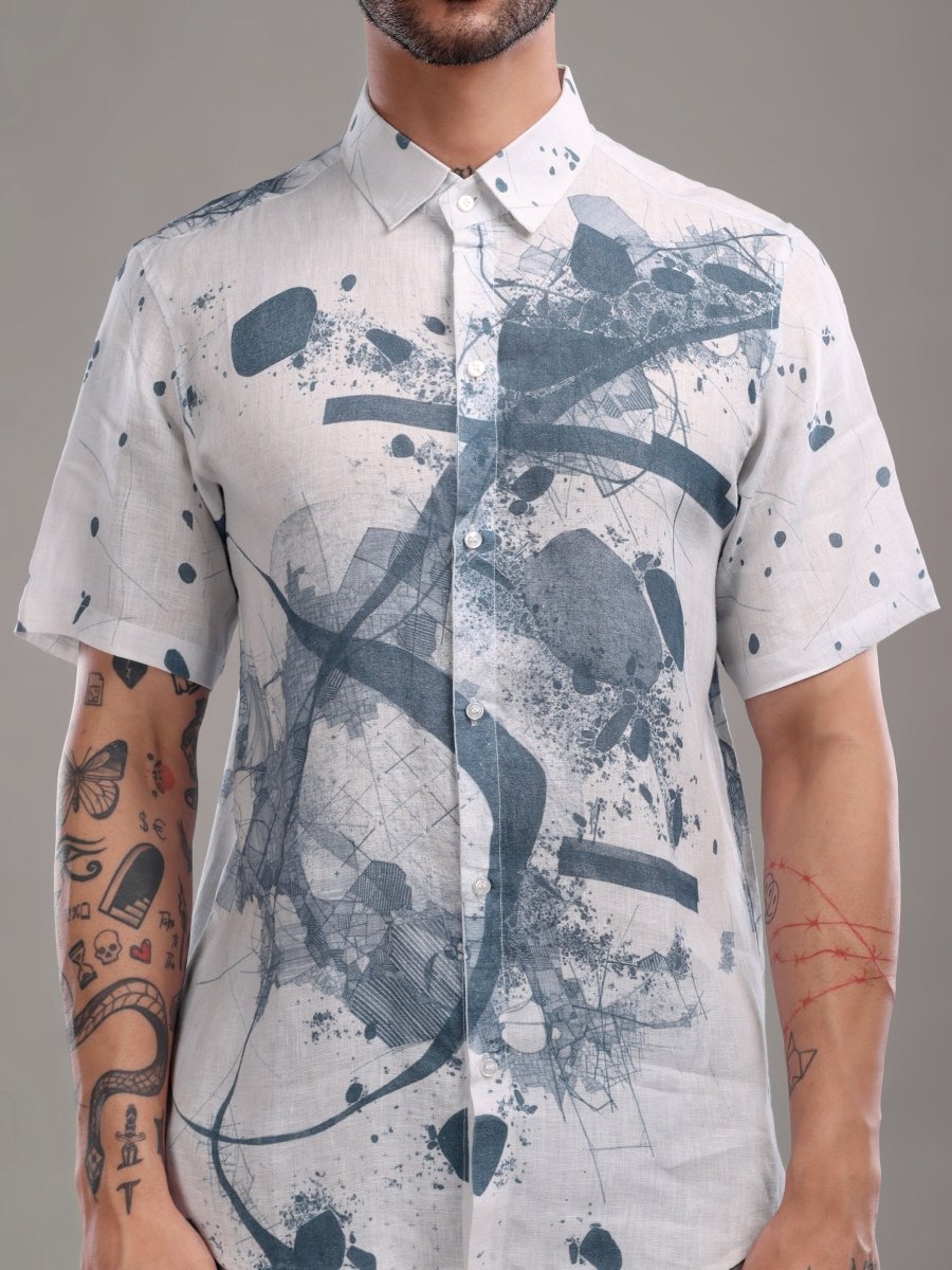 Dusty Grey Pure Linen Short Kurta Shirt with Abstract Face Art Print - CLOHI