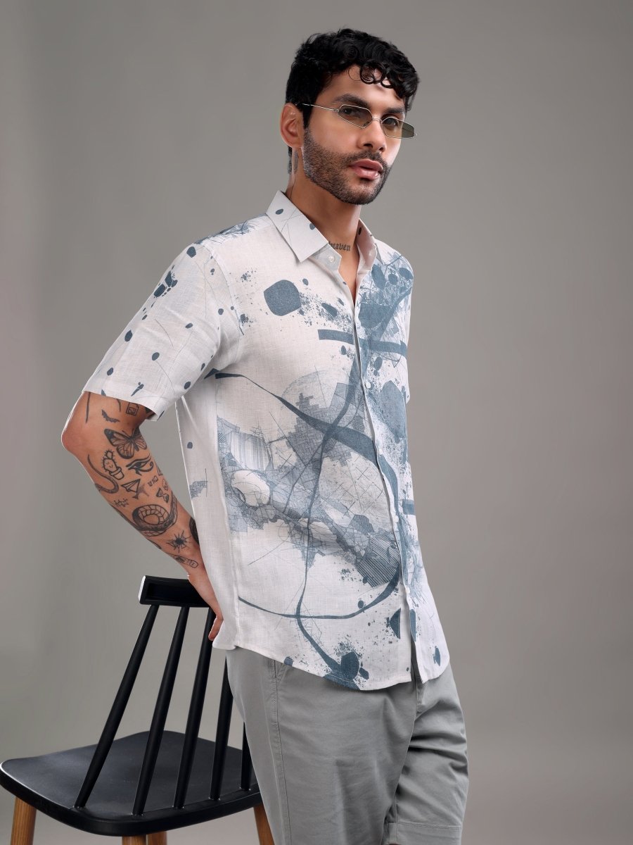 Dusty Grey Pure Linen Short Kurta Shirt with Abstract Face Art Print - CLOHI