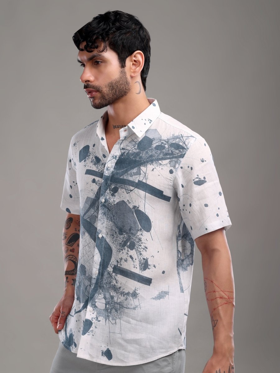 Dusty Grey Pure Linen Short Kurta Shirt with Abstract Face Art Print - CLOHI