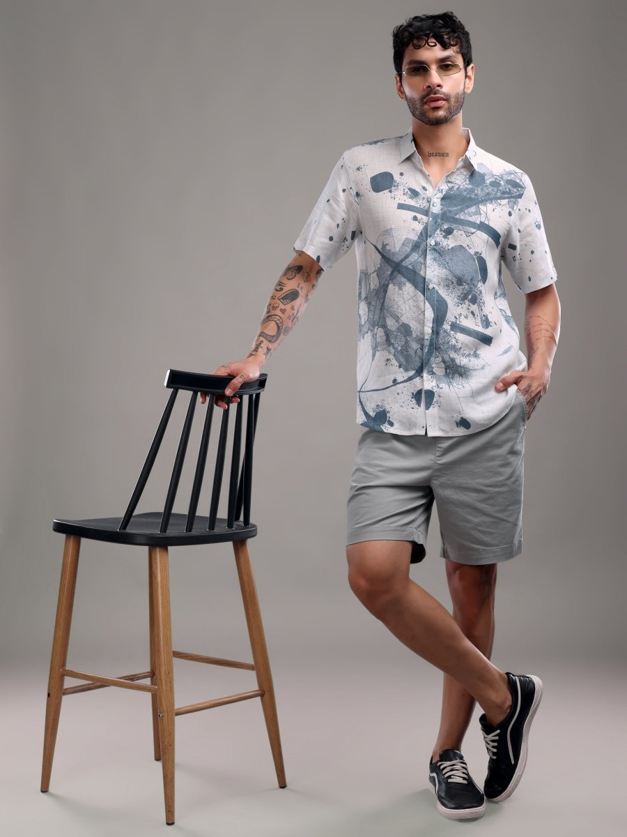 Dusty Grey Pure Linen Short Kurta Shirt with Abstract Face Art Print - CLOHI