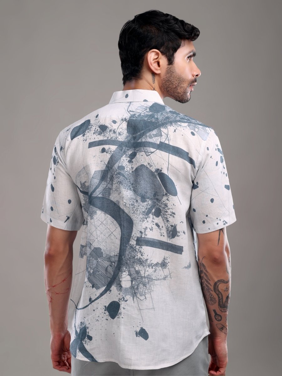 Dusty Grey Pure Linen Short Kurta Shirt with Abstract Face Art Print - CLOHI