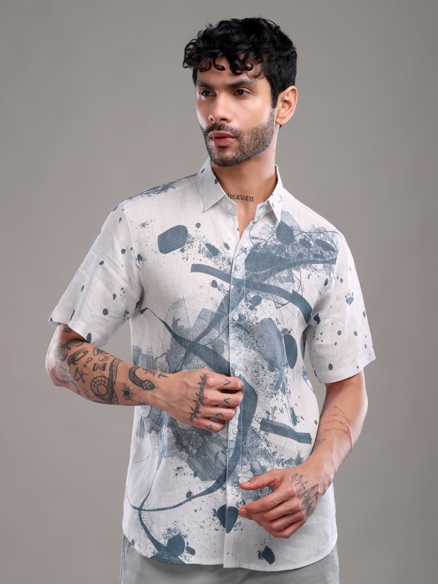 Dusty Grey Pure Linen Short Kurta Shirt with Abstract Face Art Print - CLOHI