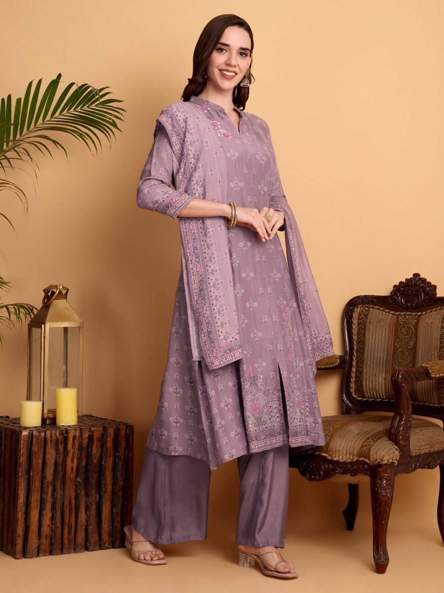 Dusty Lavender Floral Embroidered Kurta Set with Dupatta - CLOHI
