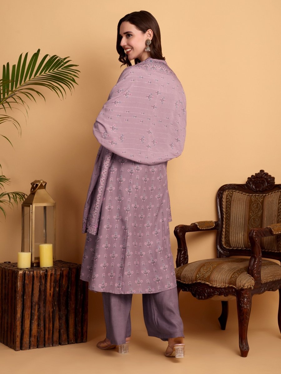 Dusty Lavender Floral Embroidered Kurta Set with Dupatta - CLOHI