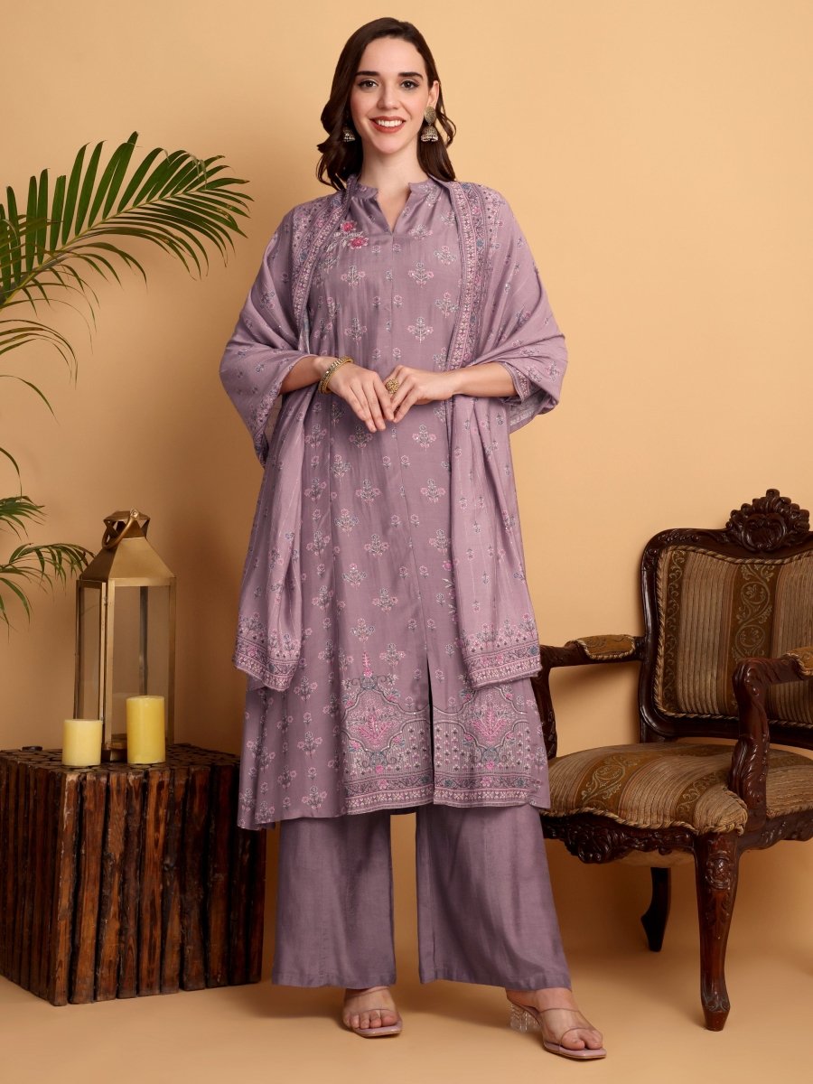 Dusty Lavender Floral Embroidered Kurta Set with Dupatta - CLOHI