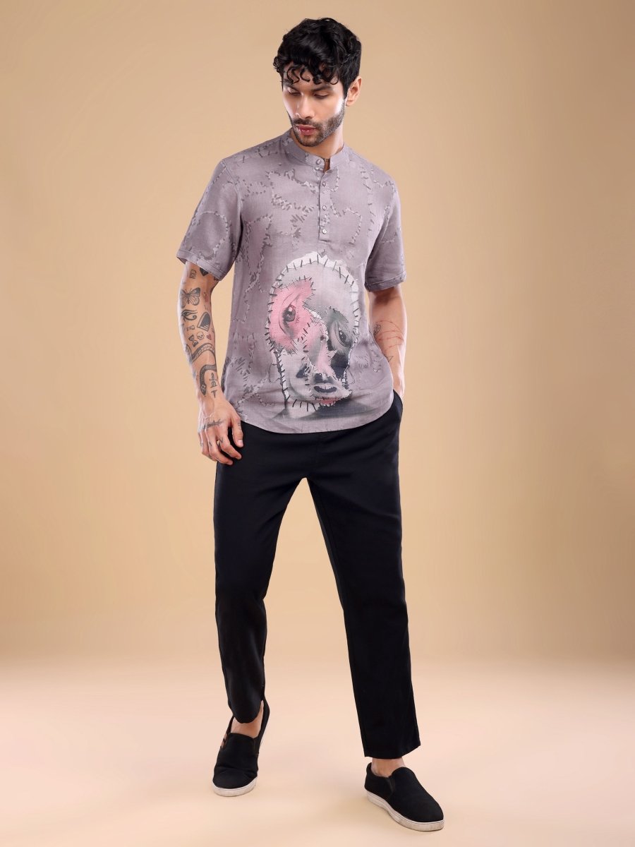Dusty Mauve Pure Linen Shirt with Artistic Face Print - CLOHI