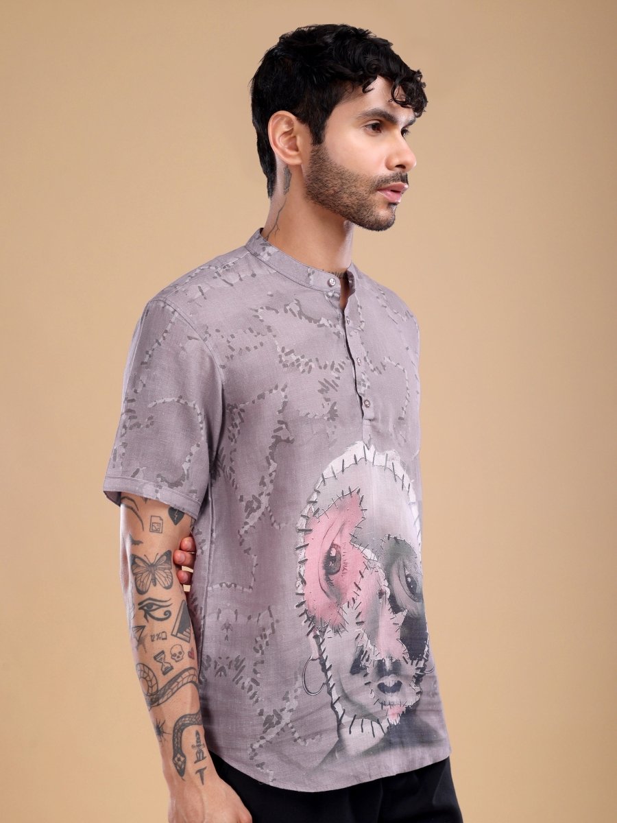 Dusty Mauve Pure Linen Shirt with Artistic Face Print - CLOHI