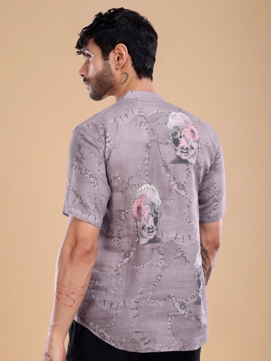 Dusty Mauve Pure Linen Shirt with Artistic Face Print - CLOHI