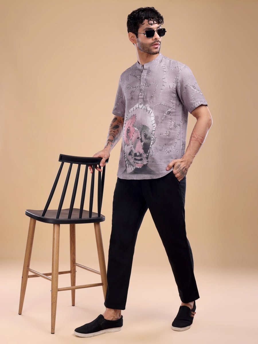 Dusty Mauve Pure Linen Shirt with Artistic Face Print - CLOHI