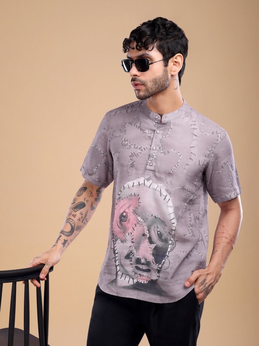 Dusty Mauve Pure Linen Shirt with Artistic Face Print - CLOHI