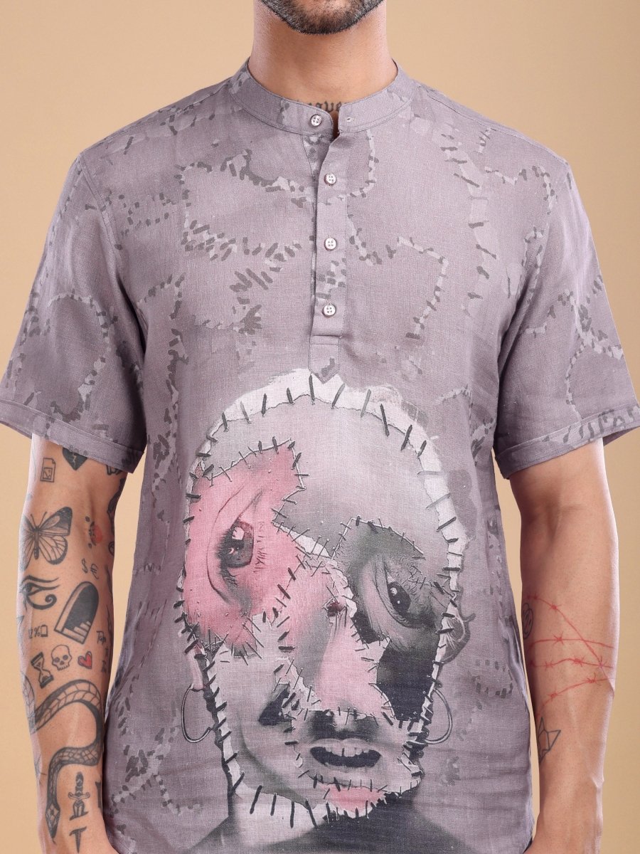 Dusty Mauve Pure Linen Shirt with Artistic Face Print - CLOHI