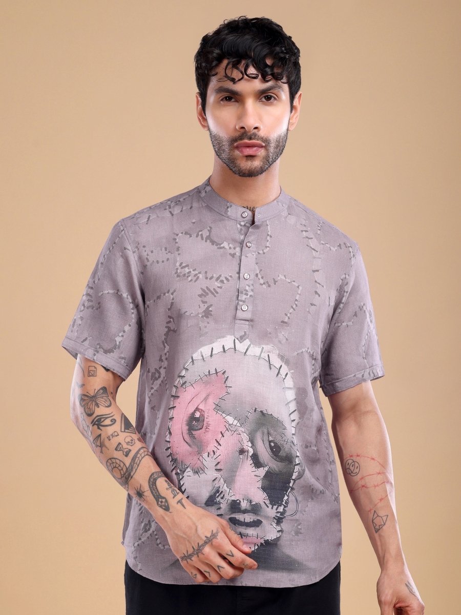 Dusty Mauve Pure Linen Shirt with Artistic Face Print - CLOHI