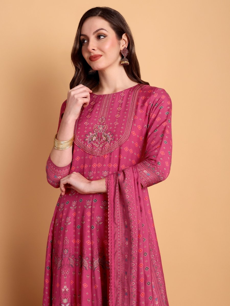 Elegant Cranberry Anarkali Kurta Set with Hand Embroidery - CLOHI