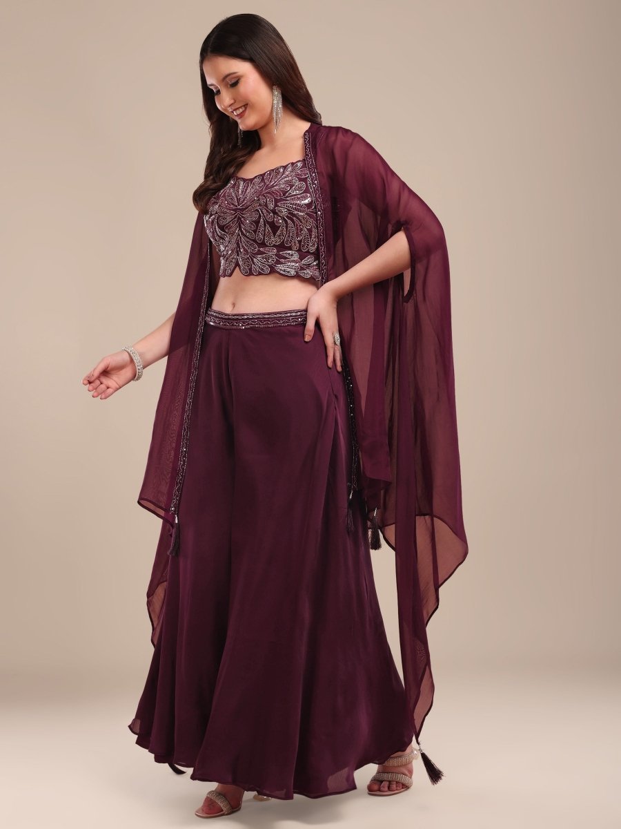 Elegant Deep Wine Embroidered Palazzo Set with Organza Shrug - CLOHI