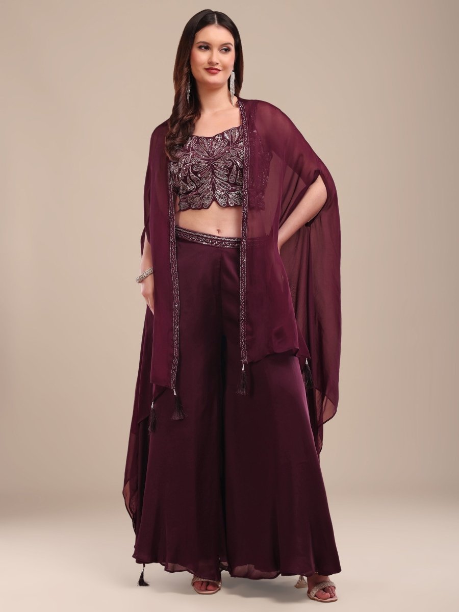 Elegant Deep Wine Embroidered Palazzo Set with Organza Shrug - CLOHI