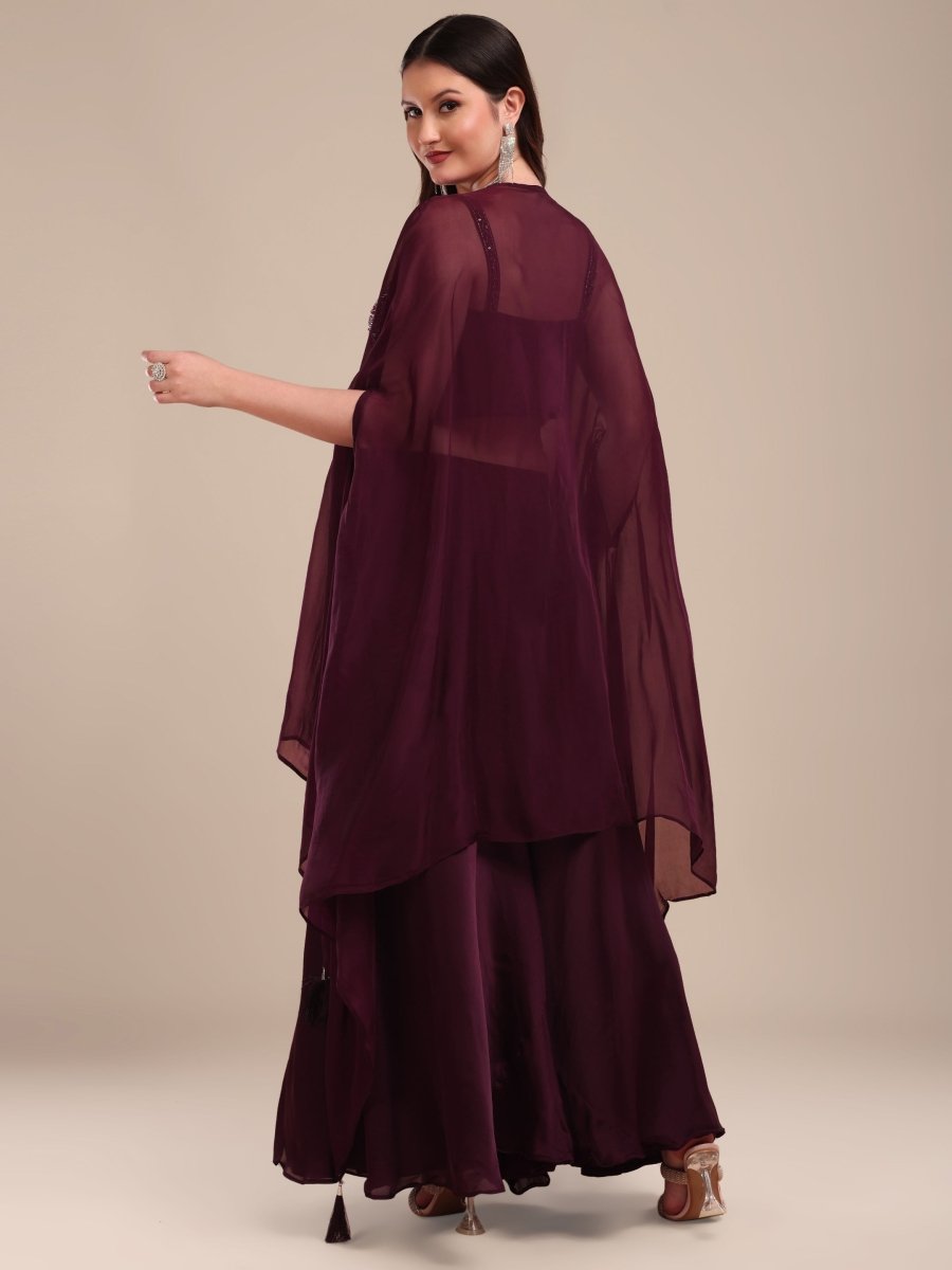 Elegant Deep Wine Embroidered Palazzo Set with Organza Shrug - CLOHI
