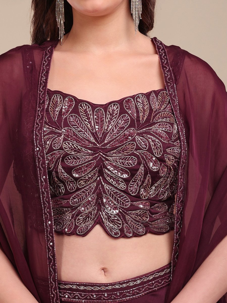 Elegant Deep Wine Embroidered Palazzo Set with Organza Shrug - CLOHI