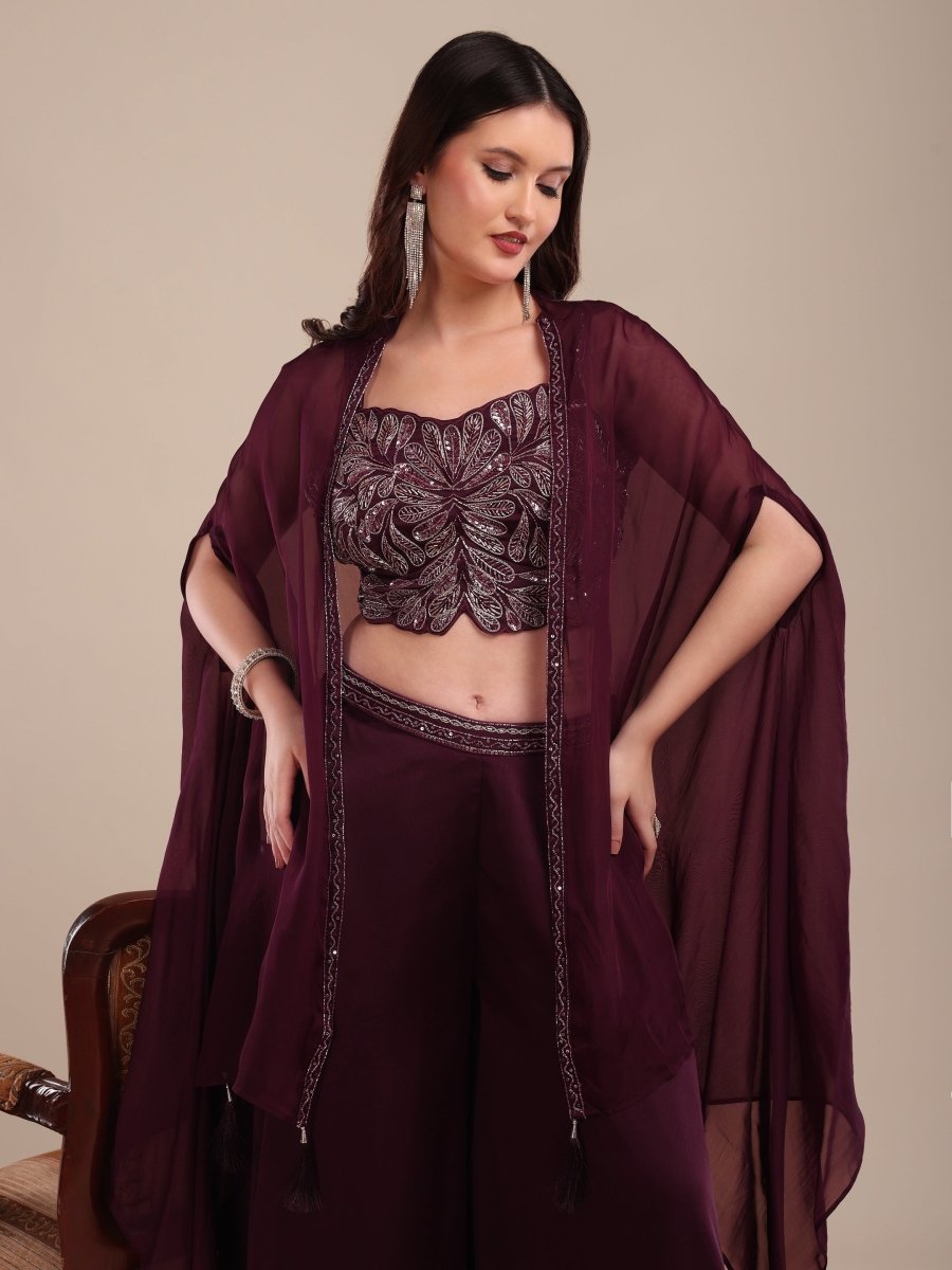 Elegant Deep Wine Embroidered Palazzo Set with Organza Shrug - CLOHI