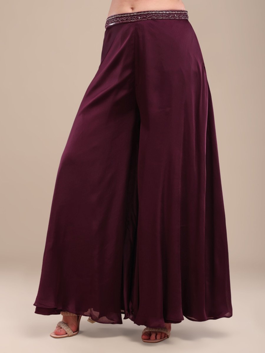 Elegant Deep Wine Embroidered Palazzo Set with Organza Shrug - CLOHI
