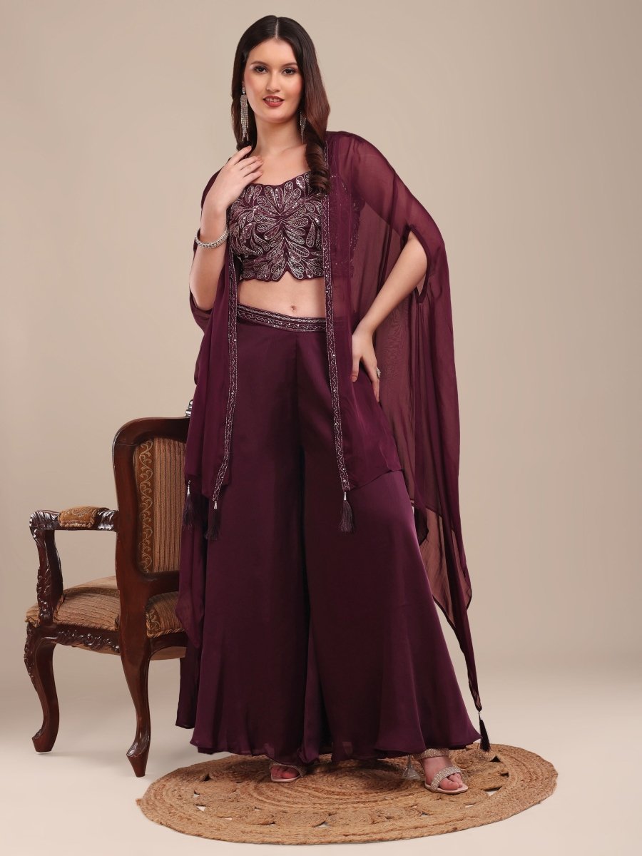 Elegant Deep Wine Embroidered Palazzo Set with Organza Shrug - CLOHI