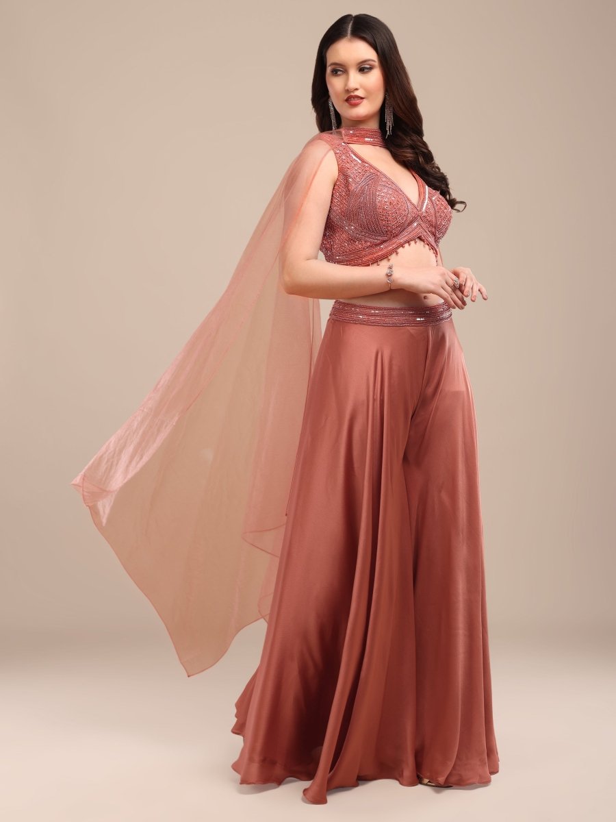 Elegant Dusty Rose Embroidered Palazzo Set with Cape Dupatta - CLOHI