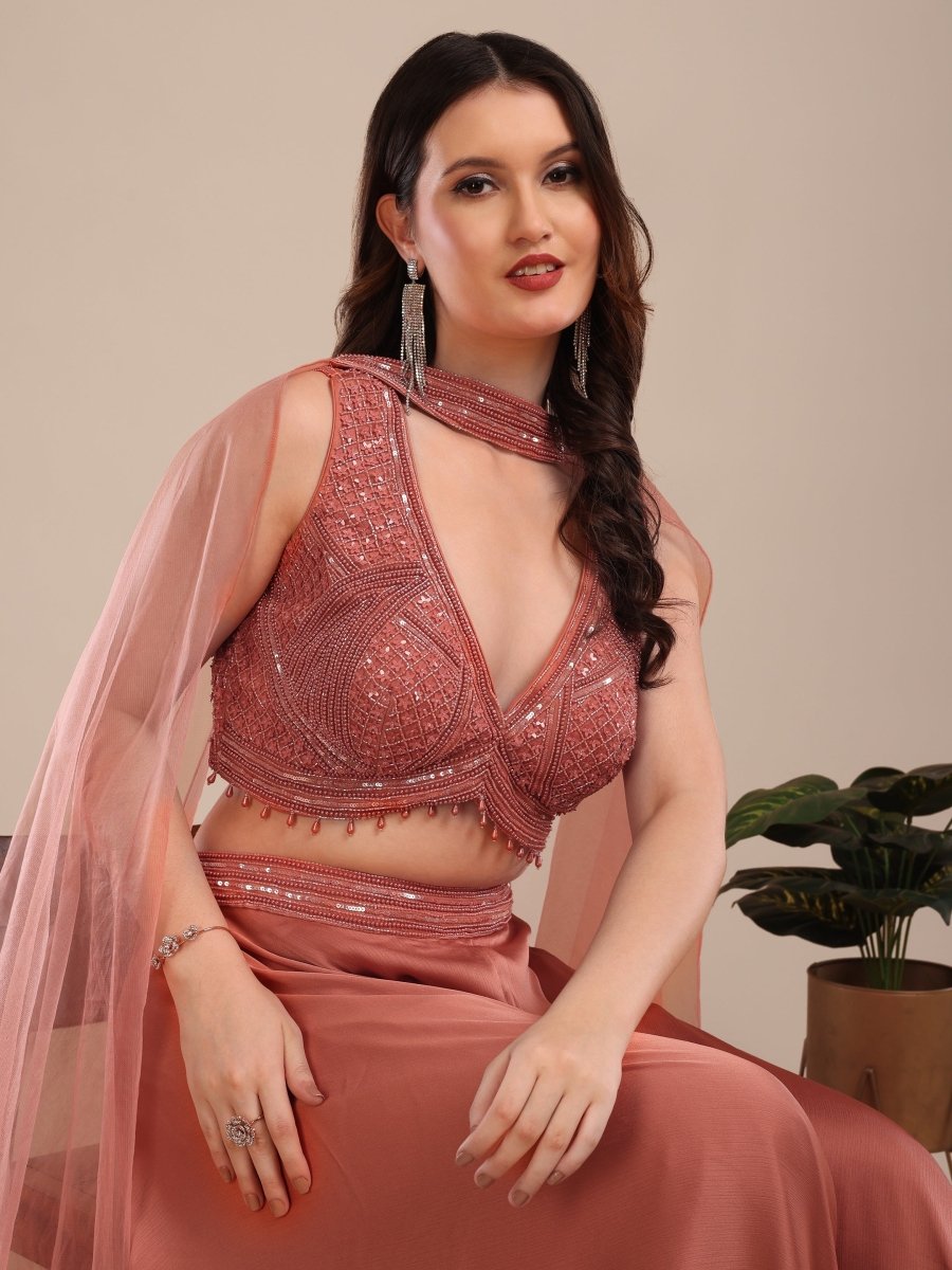 Elegant Dusty Rose Embroidered Palazzo Set with Cape Dupatta - CLOHI