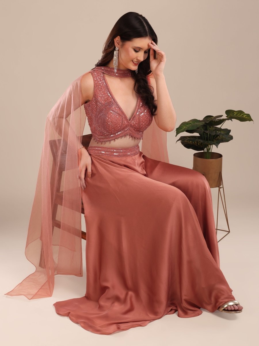 Elegant Dusty Rose Embroidered Palazzo Set with Cape Dupatta - CLOHI