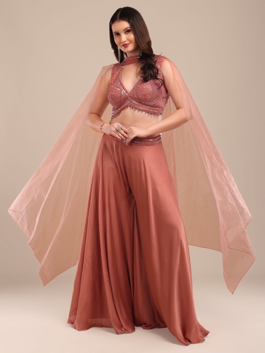 Elegant Dusty Rose Embroidered Palazzo Set with Cape Dupatta - CLOHI