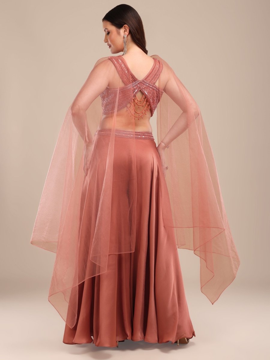 Elegant Dusty Rose Embroidered Palazzo Set with Cape Dupatta - CLOHI