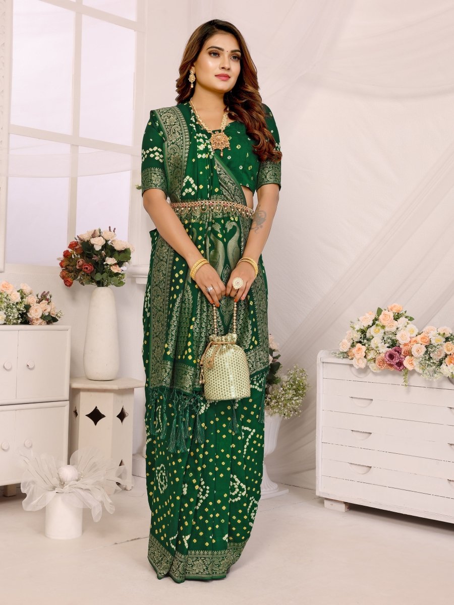 Elegant Green Bandhani Saree with Zari Peacock Motif and Unstitched Blouse - CLOHI