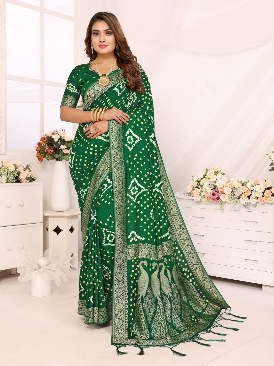 Elegant Green Bandhani Saree with Zari Peacock Motif and Unstitched Blouse - CLOHI